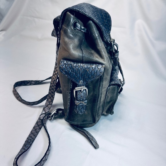 Distressed Leather Mini Backpack Blue Snake Embossed Flap Pockets Buckle Closure main image 6